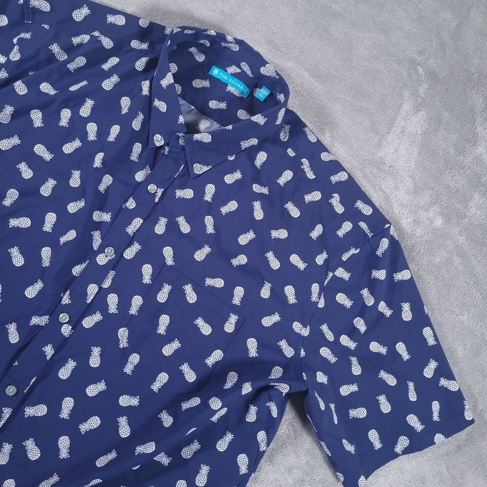 Tori Richard Shirt Men XL Navy Blue Stretch AOP Pineapple Short Sleeve Polyester